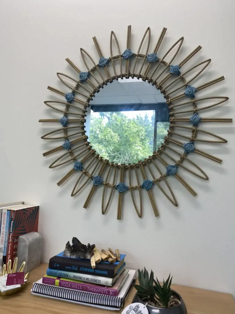 A mirror with blue and brown handles on the wall.